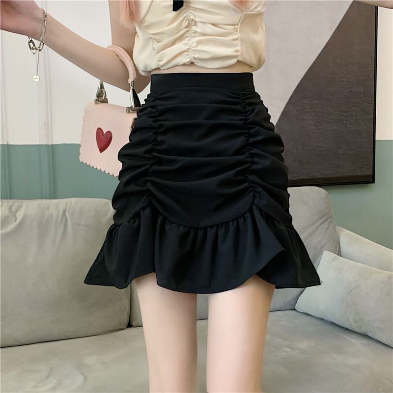 Mini High Pencil Waist Ruched Plain Skirt