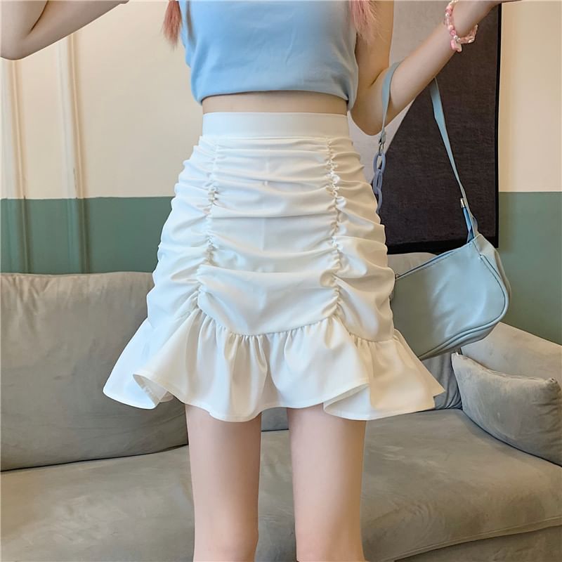 Mini High Pencil Waist Ruched Plain Skirt