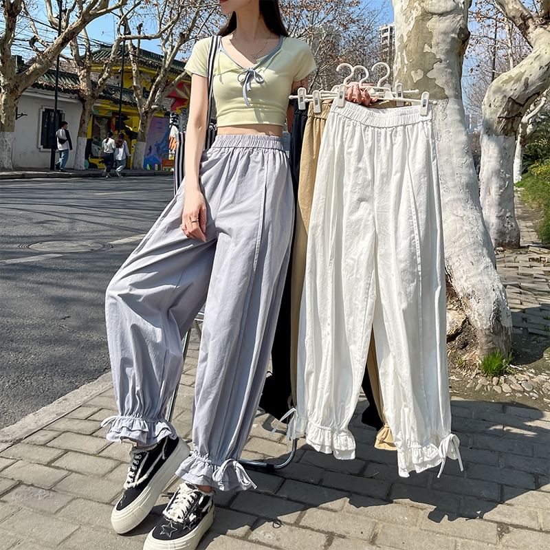 Harem Trim Pants Cropped Ruffle Bow Elastic Plain Waist