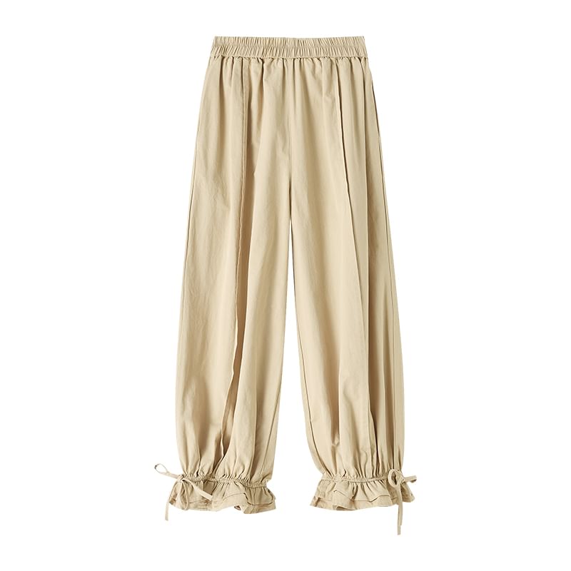 Harem Trim Pants Cropped Ruffle Bow Elastic Plain Waist