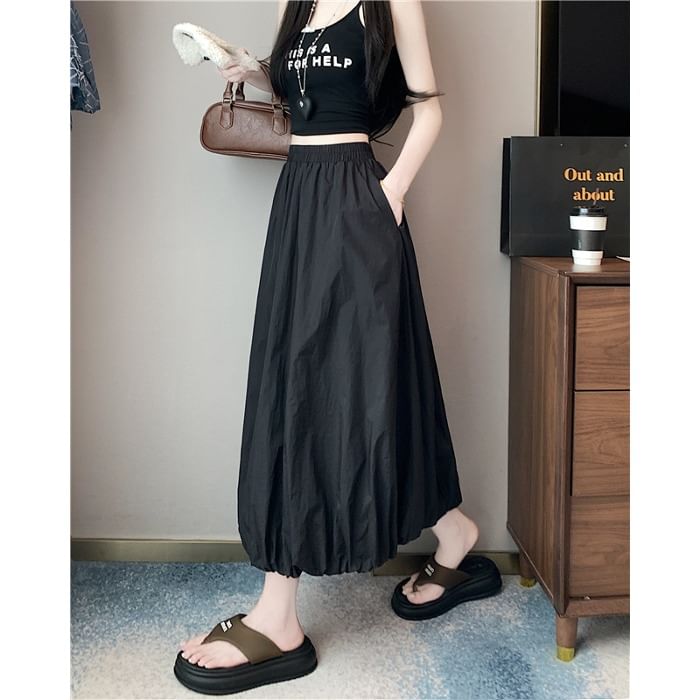 Bubble Waist Skirt High Plain Midi A-Line Hem