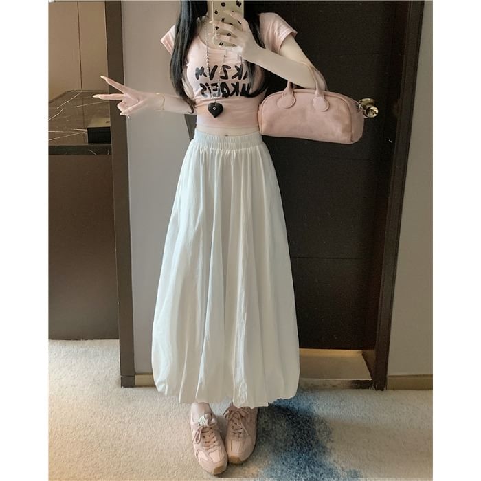 Bubble Waist Skirt High Plain Midi A-Line Hem