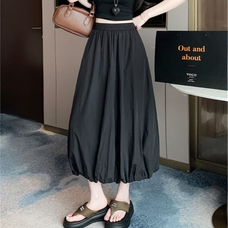 Bubble Waist Skirt High Plain Midi A-Line Hem