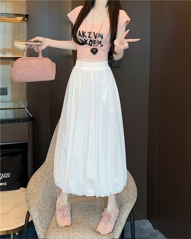 Bubble Waist Skirt High Plain Midi A-Line Hem