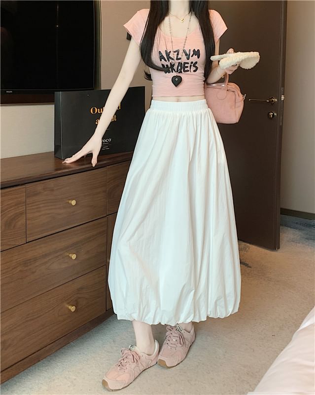 Bubble Waist Skirt High Plain Midi A-Line Hem