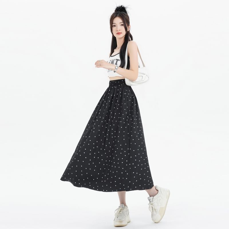 A-Line Dotted Elastic Skirt Waist Midi