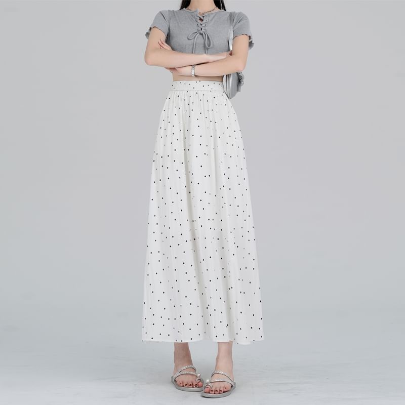 A-Line Dotted Elastic Skirt Waist Midi
