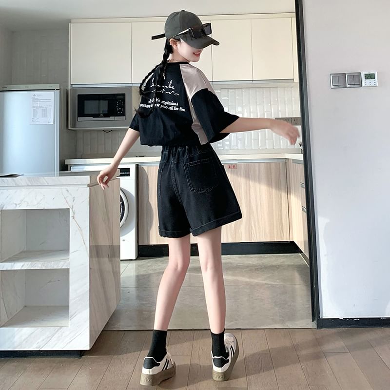 Elastic Shorts Waist Washed Denim