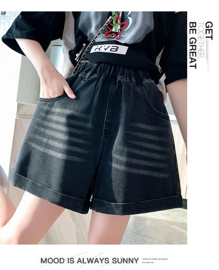 Elastic Shorts Waist Washed Denim