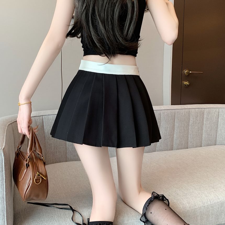 Skirt Contrast Mini Waist Drawstring Trim Pleated A-Line