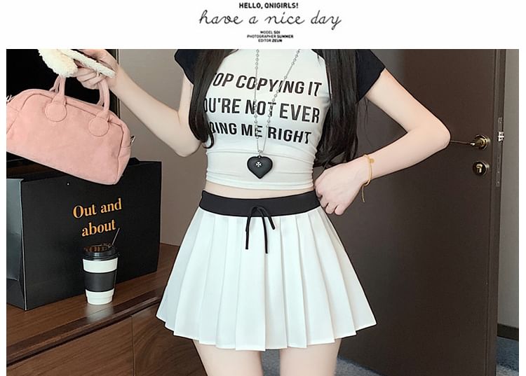 Skirt Contrast Mini Waist Drawstring Trim Pleated A-Line