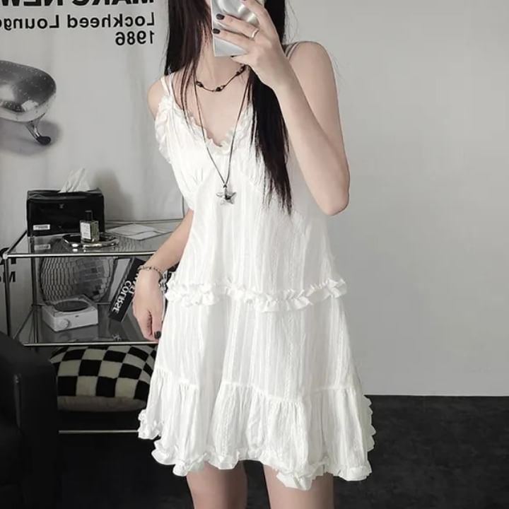 Frill Trim Mini A-Line Dress with V-Neck and Thin Straps