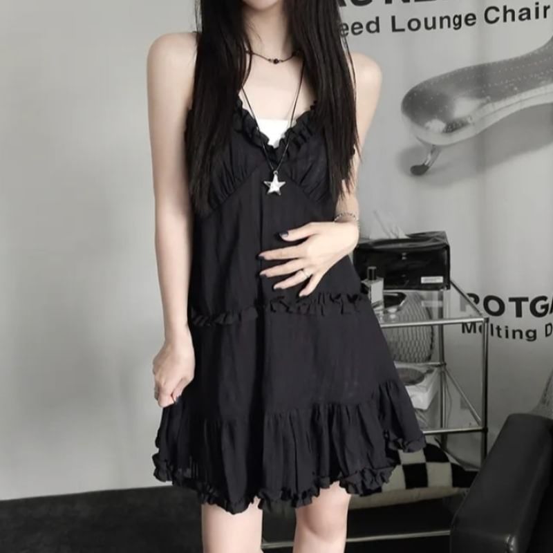 Frill Trim Mini A-Line Dress with V-Neck and Thin Straps