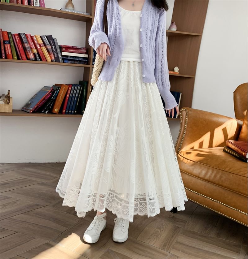 Waist Lace Floral Trim Maxi A-Line High Skirt