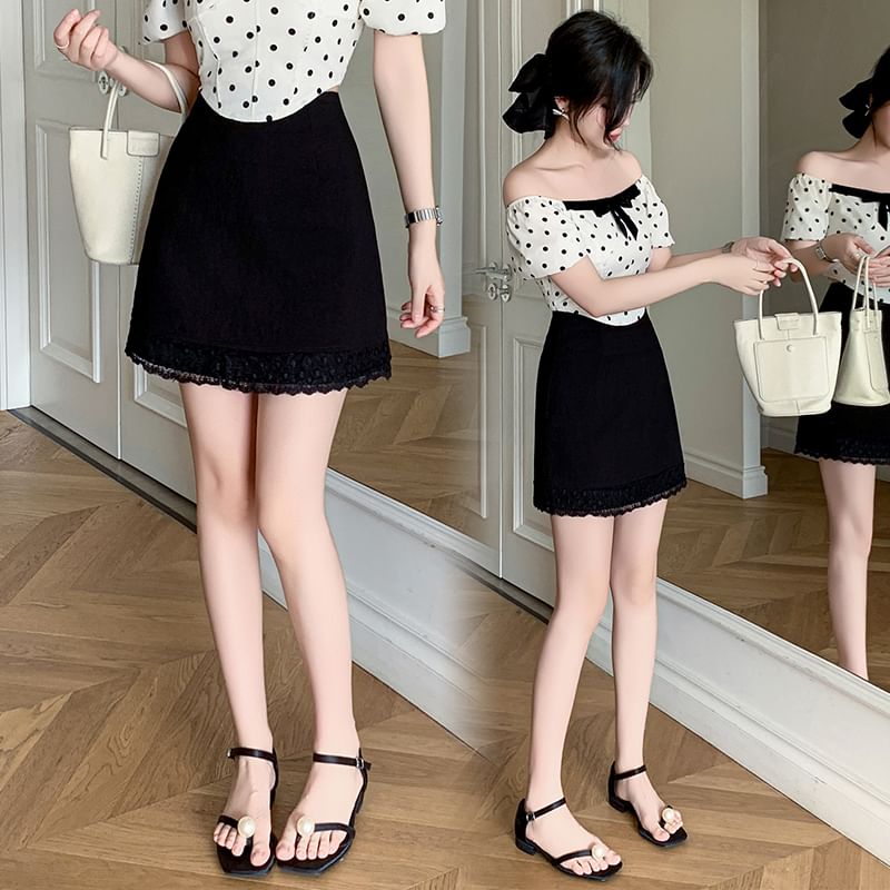 Mini Lace Skirt Waist Plain Trim High Pencil