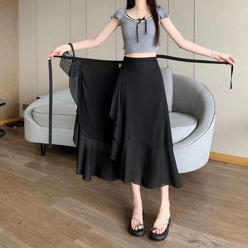 Plain A-Line Waist High Midi Skirt Ruffle