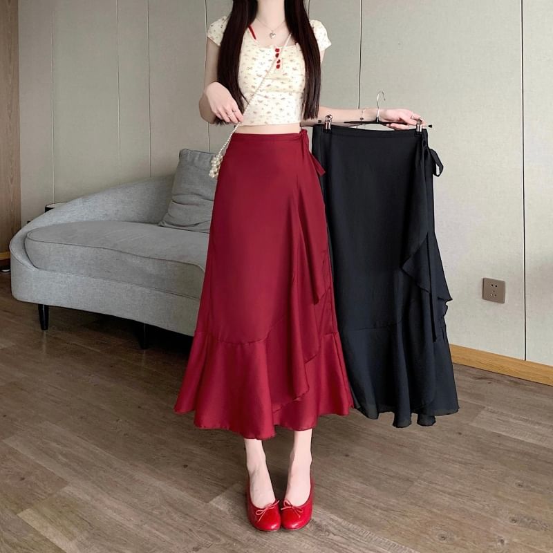 Plain A-Line Waist High Midi Skirt Ruffle