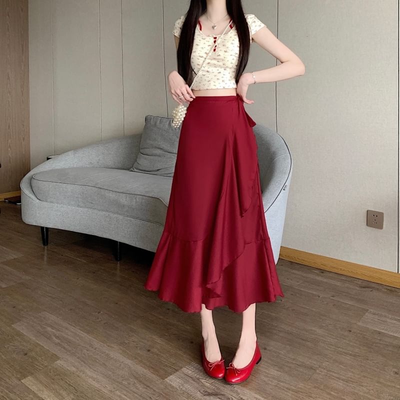 Plain A-Line Waist High Midi Skirt Ruffle