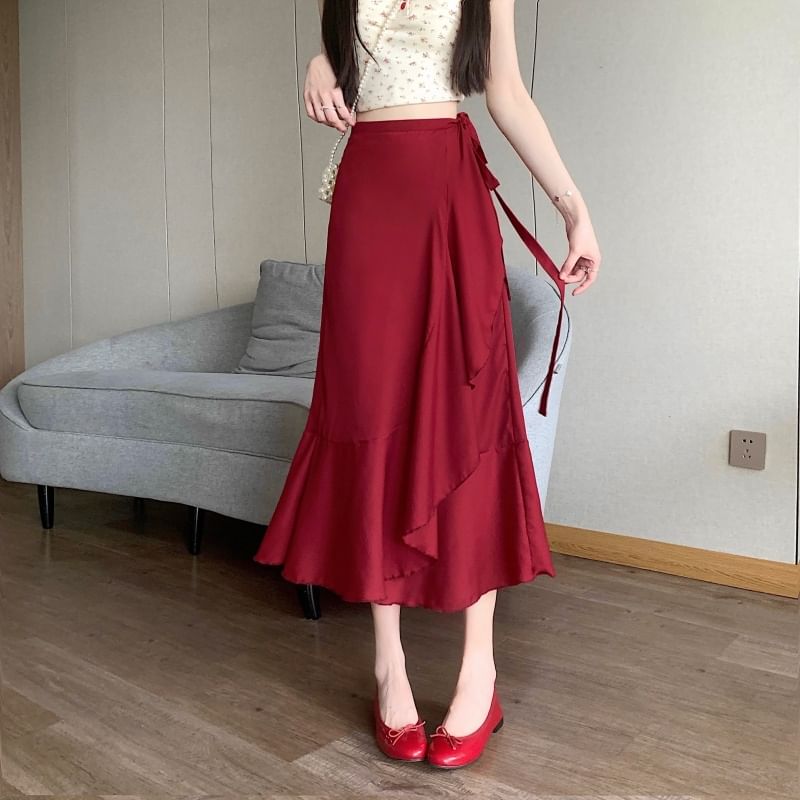 Plain A-Line Waist High Midi Skirt Ruffle