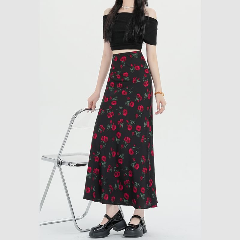 Floral Waist High Skirt A-Line Maxi