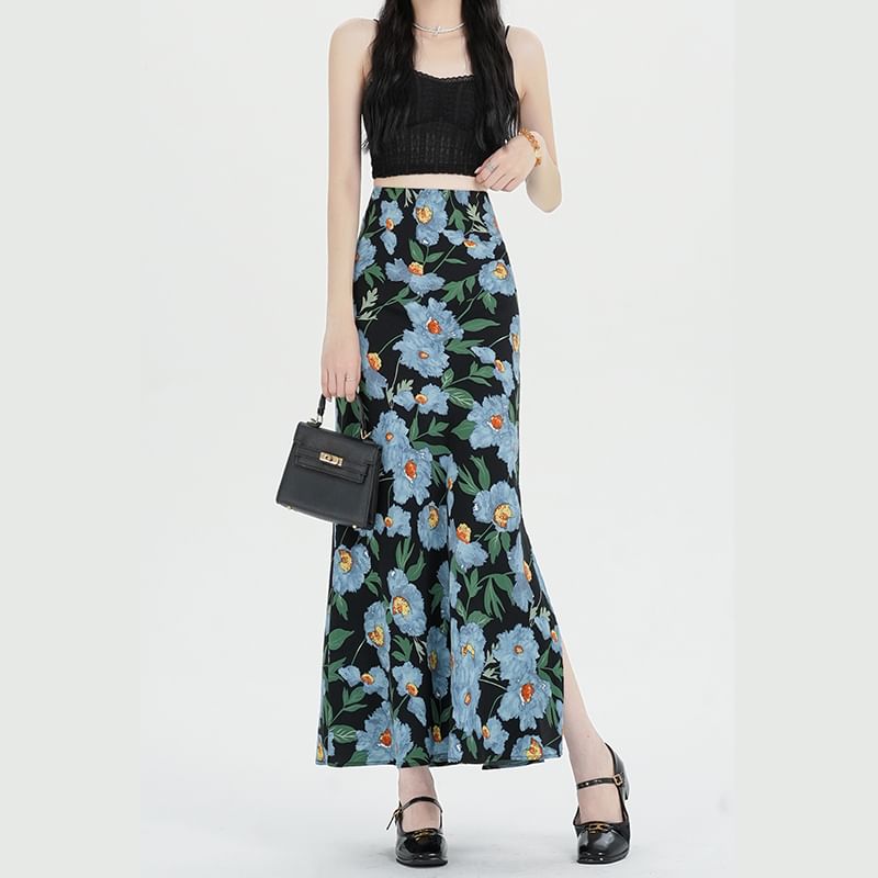 Floral Waist High Skirt A-Line Maxi