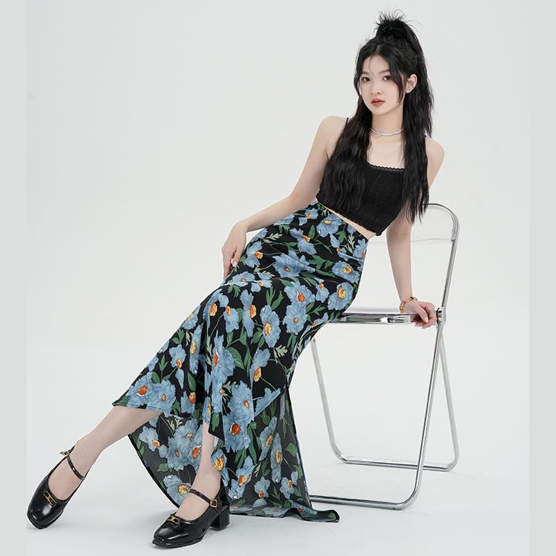 Floral Waist High Skirt A-Line Maxi