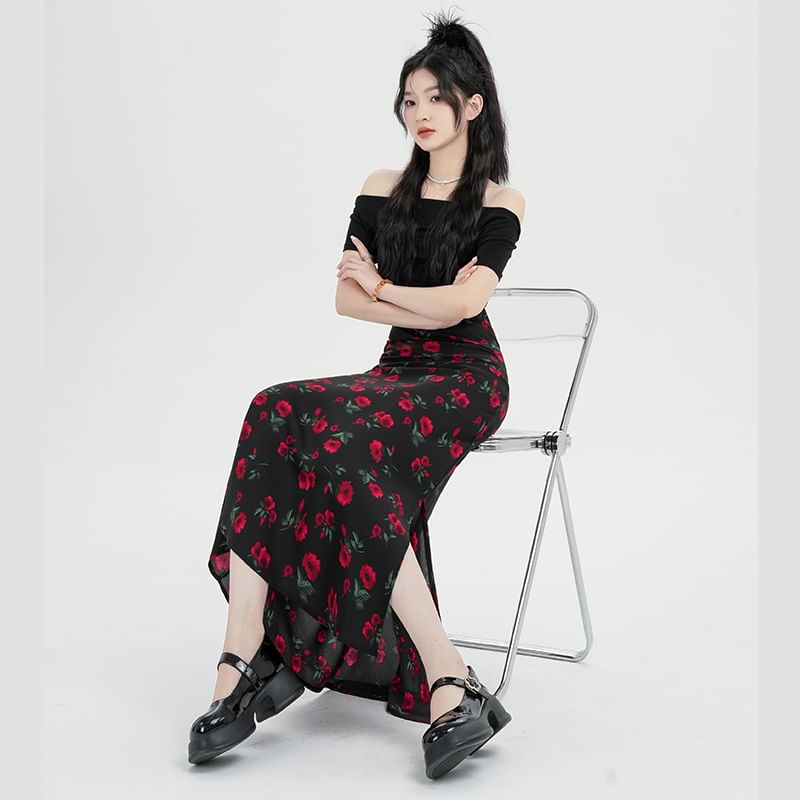 Skirt High A-Line Maxi Floral Waist