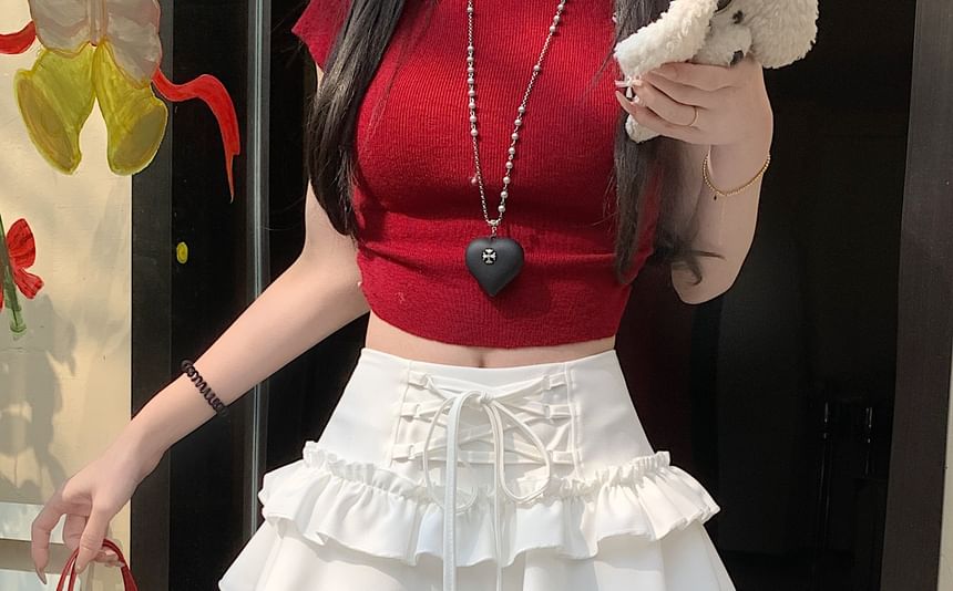 Rise A-Line Ruffle Plain Skirt High Mini Lace-Up Trim Lace