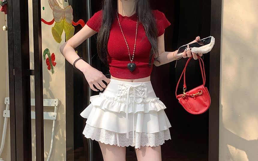 Rise A-Line Ruffle Plain Skirt High Mini Lace-Up Trim Lace