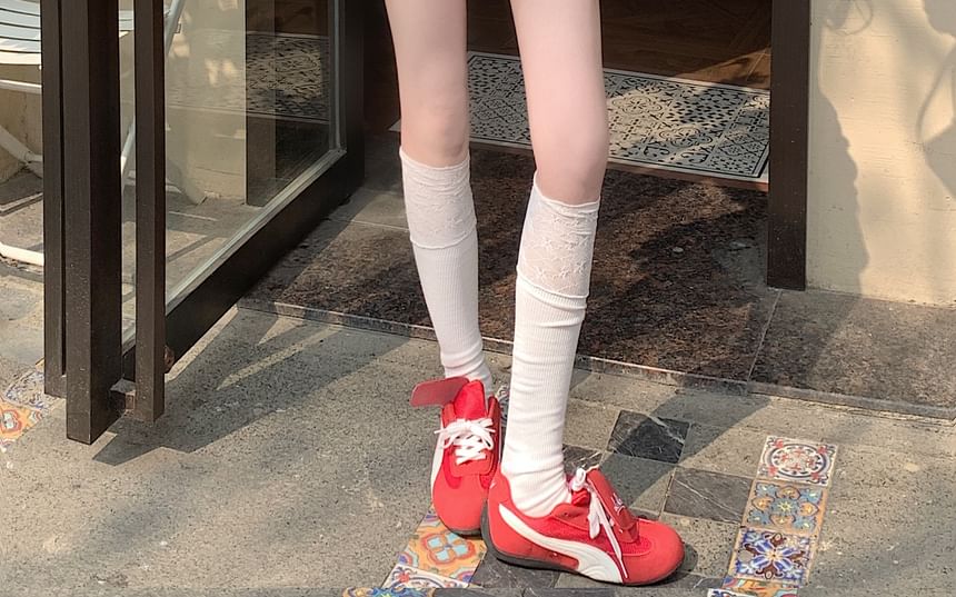 Rise A-Line Ruffle Plain Skirt High Mini Lace-Up Trim Lace