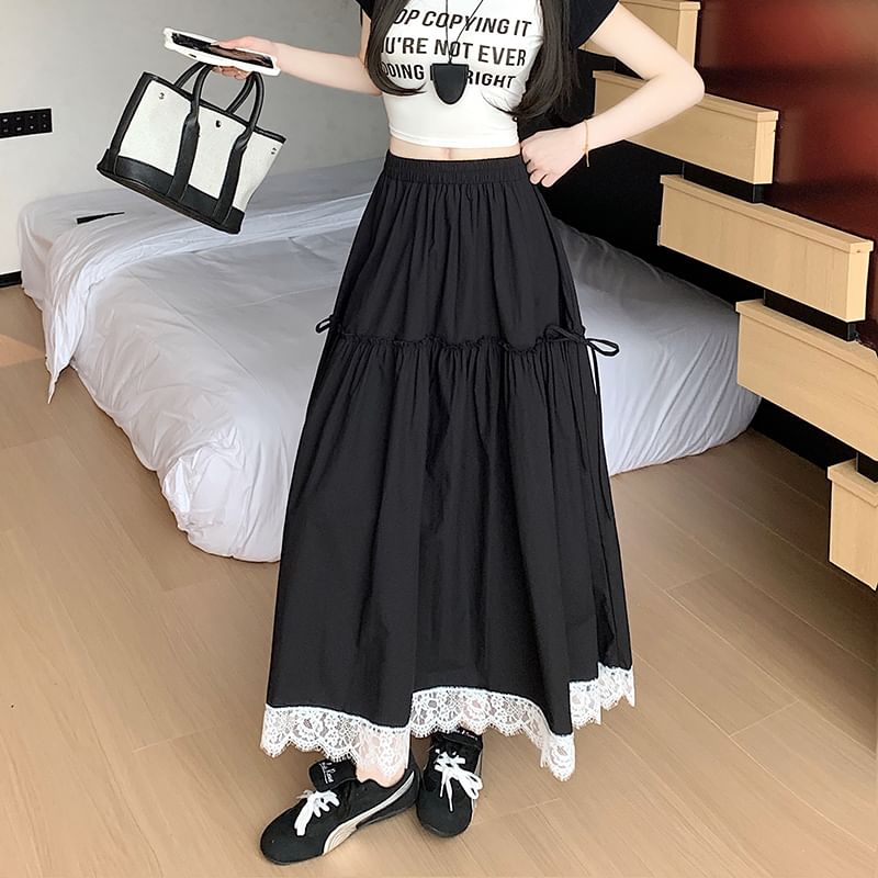 Trim A-Line Maxi High Plain Skirt Waist Lace