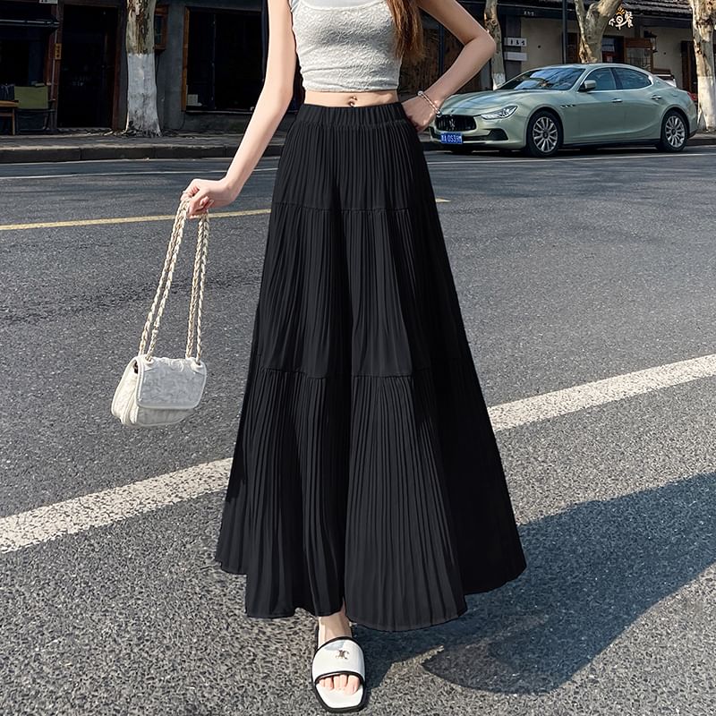 Accordion A-Line Waist High Plain Maxi Skirt Pleated