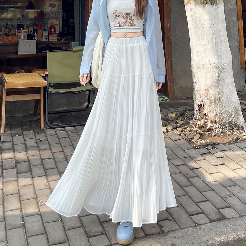 Accordion A-Line Waist High Plain Maxi Skirt Pleated