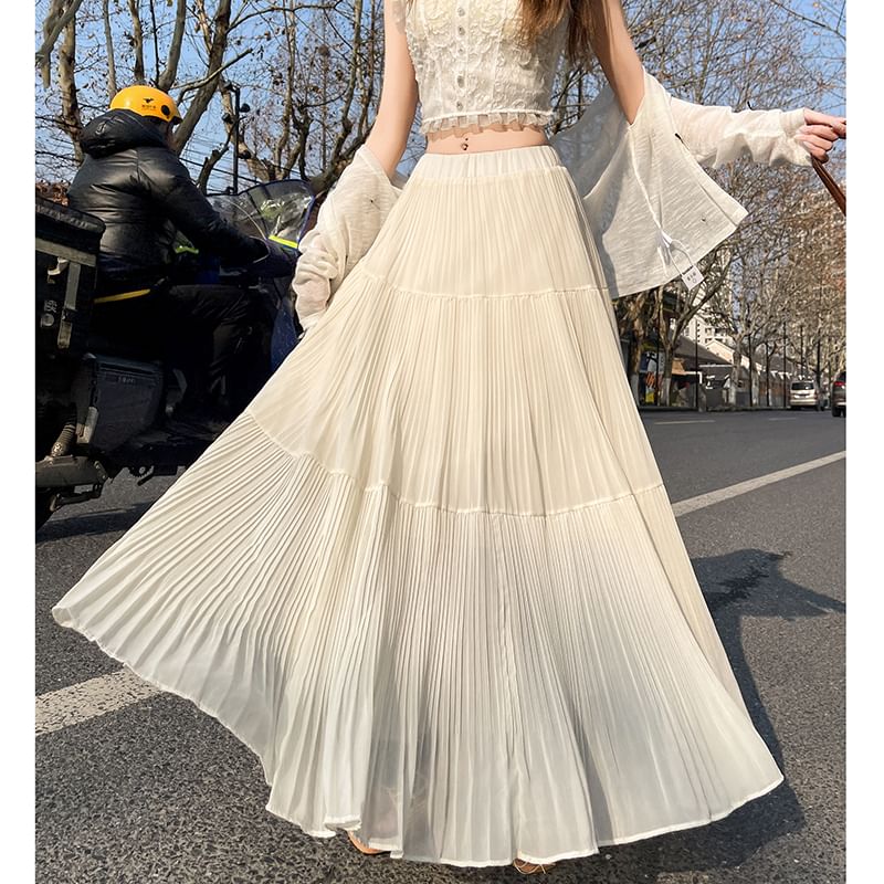 Accordion A-Line Waist High Plain Maxi Skirt Pleated