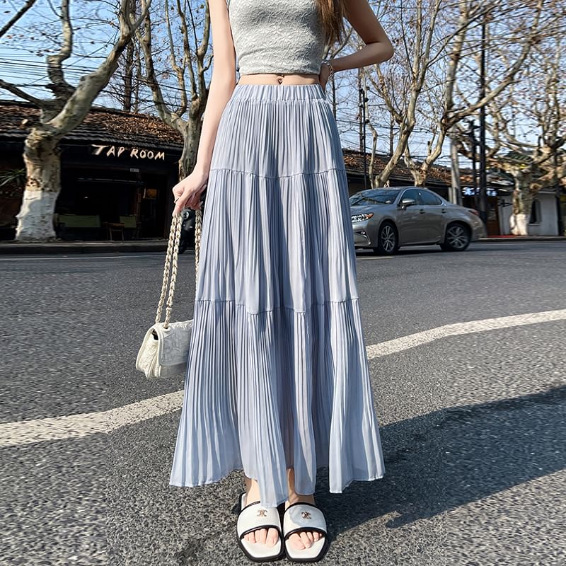 Accordion A-Line Waist High Plain Maxi Skirt Pleated
