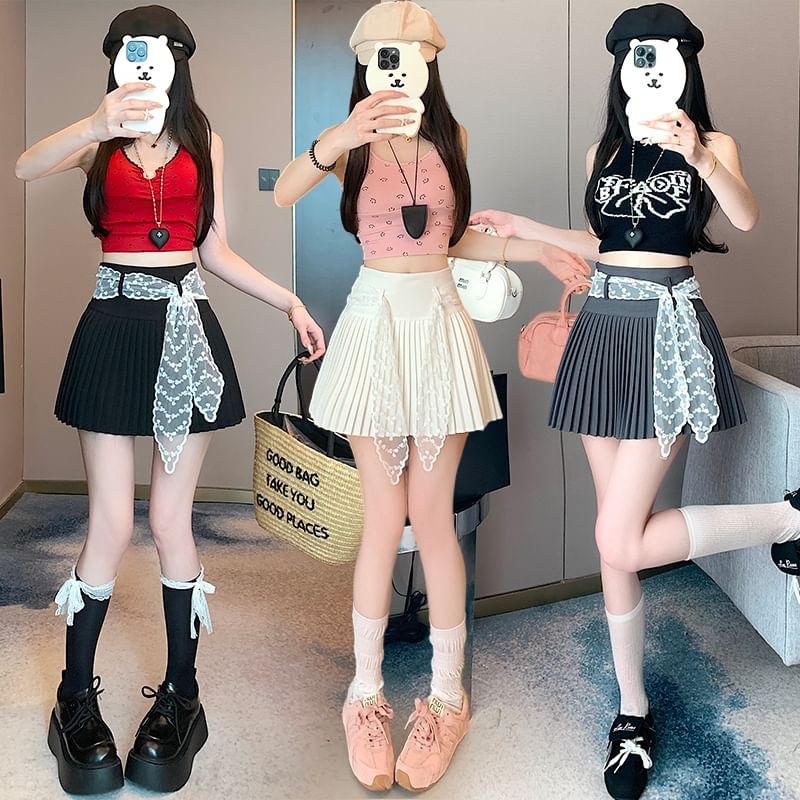 Pleated Mini Waist Plain Skirt A-Line High