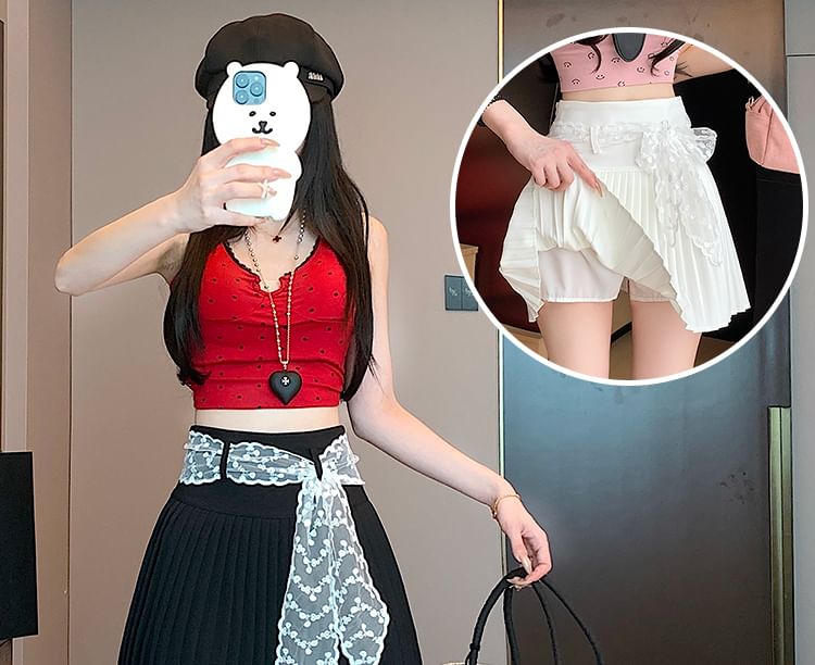 Pleated Mini Waist Plain Skirt A-Line High