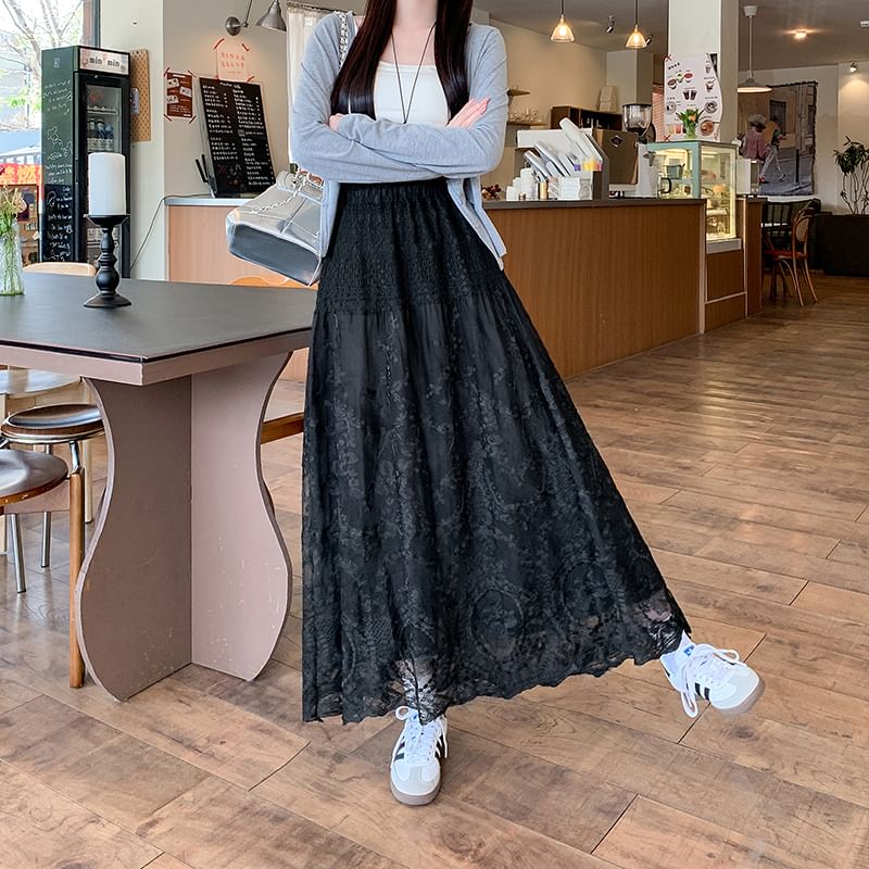 High Waist A-Line Trim Maxi Embroidered Skirt Flower Lace