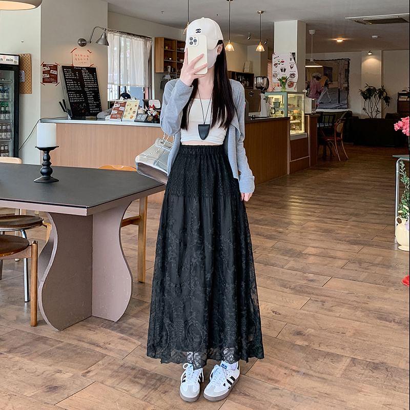 High Waist A-Line Trim Maxi Embroidered Skirt Flower Lace