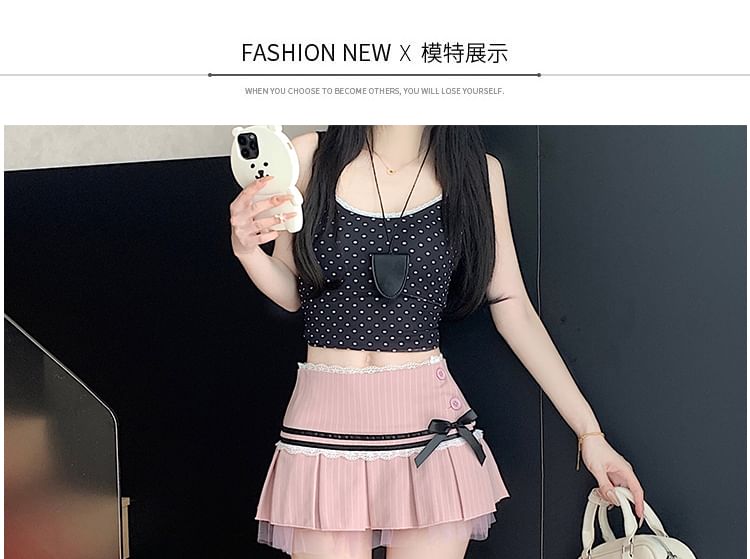 Pleated Lace Mini Skirt Waist Low Pinstriped Trim Bow A-Line