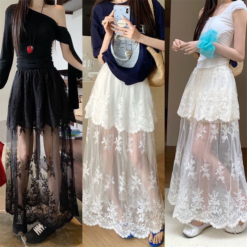 Trim A-Line High Lace Waist Flower Maxi Embroidered Skirt