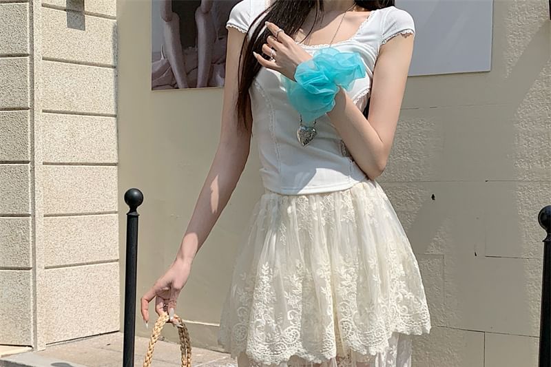 Lace High Trim Flower Waist Maxi Embroidered Skirt A-Line