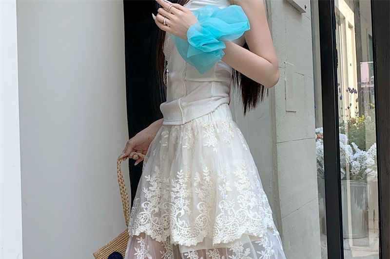 Lace High Trim Flower Waist Maxi Embroidered Skirt A-Line