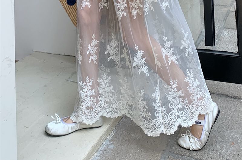 Lace High Trim Flower Waist Maxi Embroidered Skirt A-Line