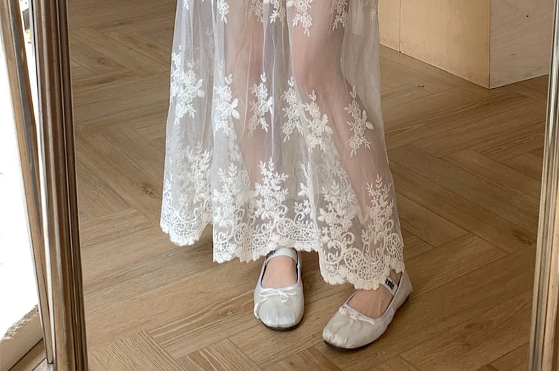 Lace High Trim Flower Waist Maxi Embroidered Skirt A-Line