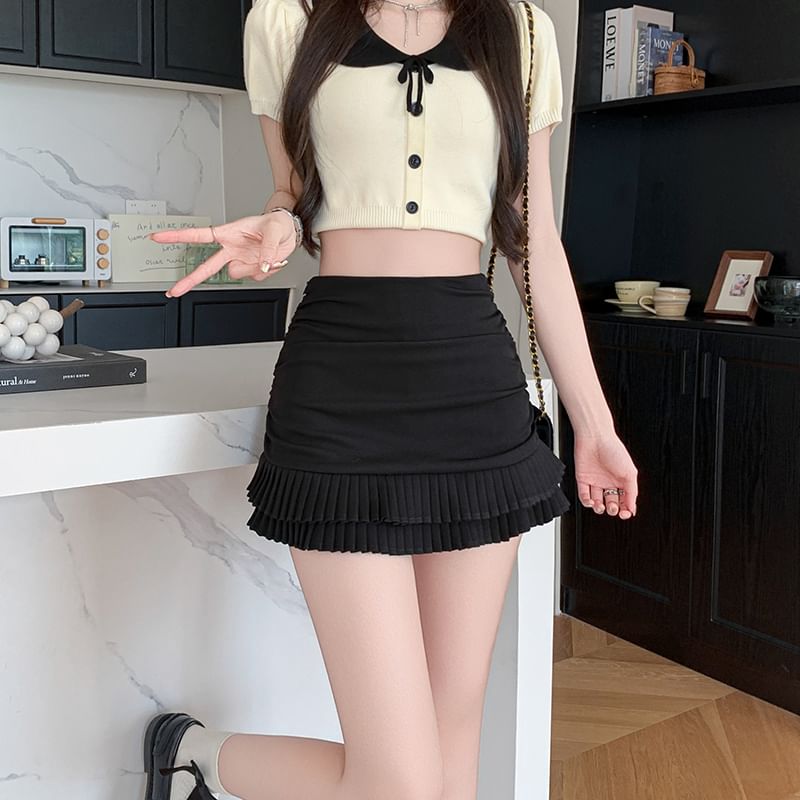 Ruched Mini Skirt Plain Pencil High Ruffle Waist