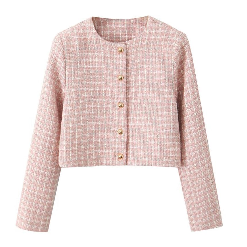 Long-Sleeve Round Neck Tweed Cropped Button Up Jacket / High Waist Tweed Shorts