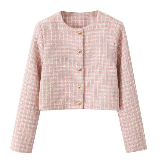 Long-Sleeve Round Neck Tweed Cropped Button Up Jacket / High Waist Tweed Shorts