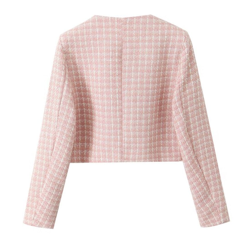 Long-Sleeve Round Neck Tweed Cropped Button Up Jacket / High Waist Tweed Shorts