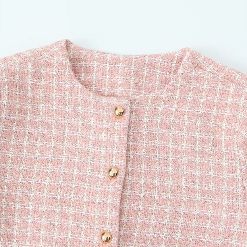 Long-Sleeve Round Neck Tweed Cropped Button Up Jacket / High Waist Tweed Shorts